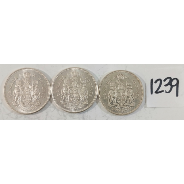 LOT OF 3 - 1962 CDN 50 CENT SILVER COINS