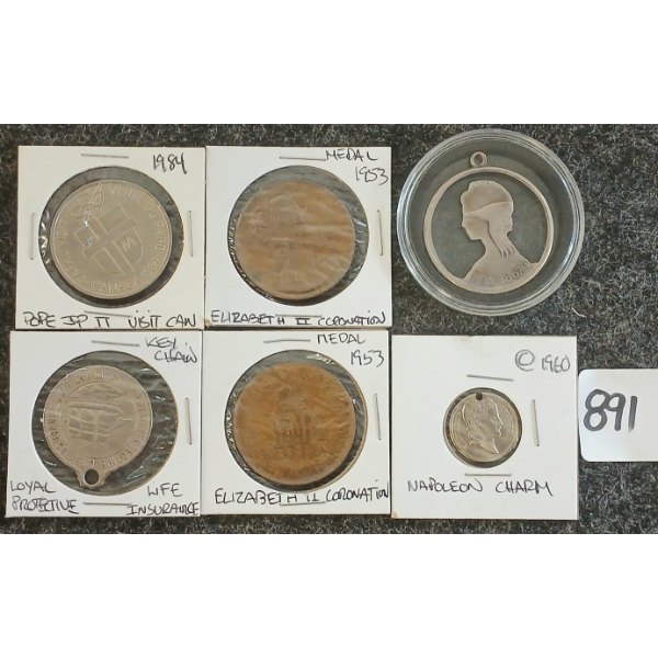 LOT OF 6 - CORONATION MEDALS, POPE VISIT MEDALLION, NAPOLEAN CHARM, CDN SILVER DOLLAR CHARM, ETC