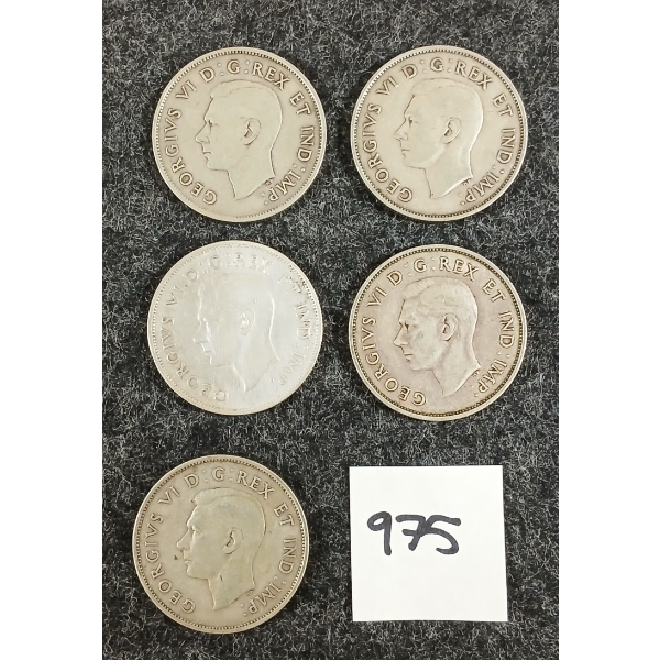 LOT OF 5 - 1940 CDN 50 CENT SILVER COINS