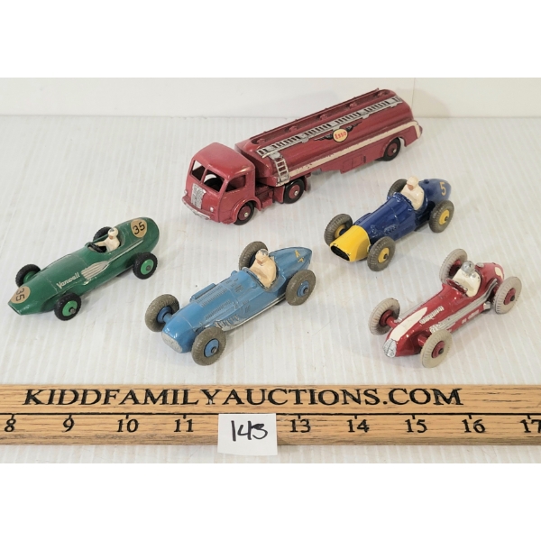 LOT OF 5 - DINKY TOYS DIECAST CARS - ESSO TANKER, TALBOT LAGO, MASERATI, VANWALL & FERRARI