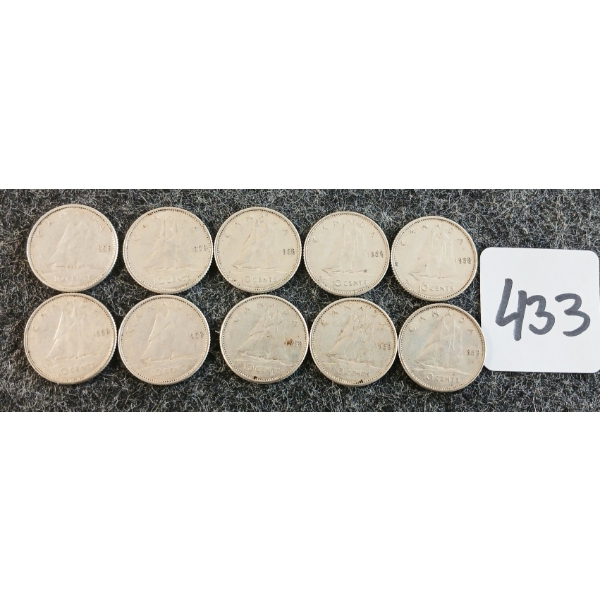 LOT OF 10 - 1958 CDN 10 CENT COINS