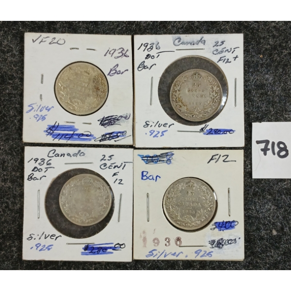 LOT OF 4 - 1936 CDN 25 CENT SILVER COINS