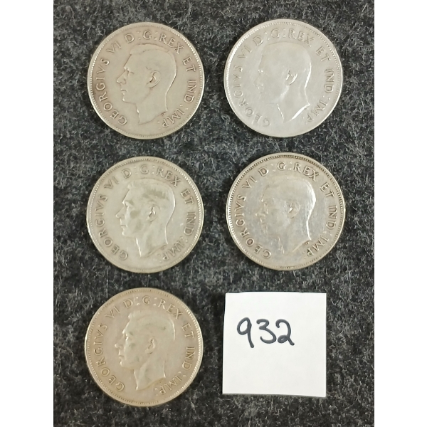 LOT OF 5 - 1944 CDN 50 CENT SILVER COINS