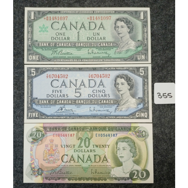 LOT OF 3 - 1954, 1967 & 1969 CDN $1, 5 & 20 BANKNOTES 