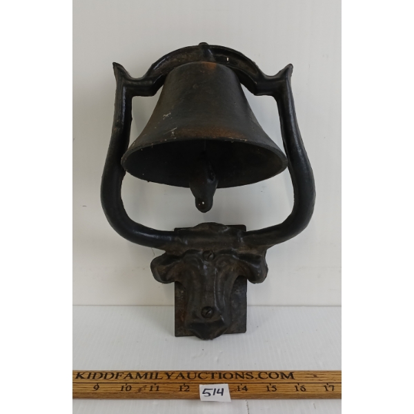 CAST IRON BULL HORN DESIGN BELL WITH WALL MOUNT