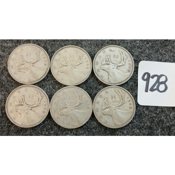 LOT OF 6 - 1948 CDN 25 CENT COINS