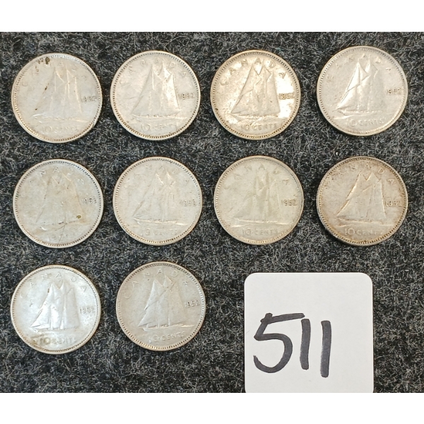 LOT OF 10 - 1952 CDN 10 CENT COINS