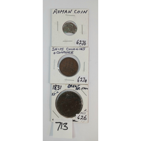 LOT OF 3 - 1831 GREAT BRITAIN LARGE PENNY, SHIPS COLONIES & COMMERCE TOKEN & ROMAN COIN