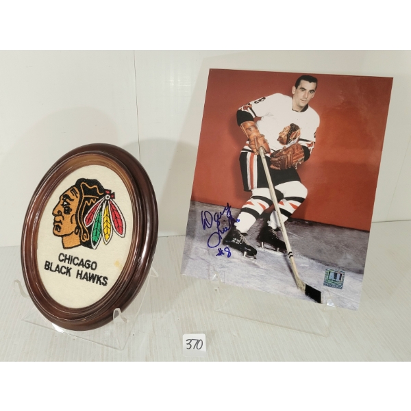 LOT OF 2 - CHICAGO BLACK HAWKS #8 TONY LESWICK AUTOGRAPHED PHOTO & FRAMED EMBROIDERY