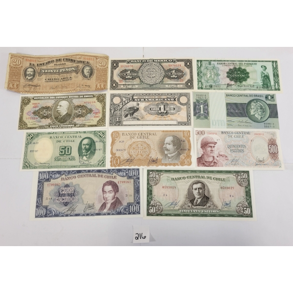 LOT OF 11 - WORLD BANKNOTES - INCL CHILE, MEXICO, ECUADOR & BRAZIL ETC