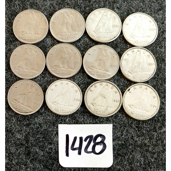 LOT OF 12 - 1961-1968 CDN 10 CENT COINS