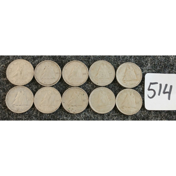 LOT OF 10 - 1951 CDN 10 CENT COINS