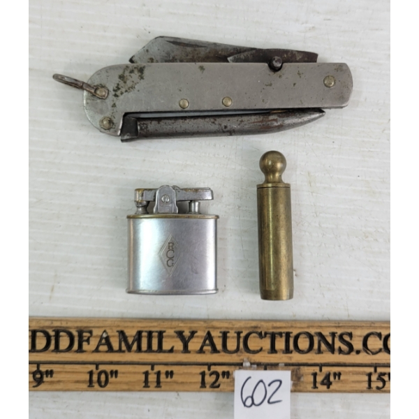 LOT OF 3 - VINTAGE RONSON LIGHTER, MULTI-TOOL & BRASS POWDER MEASURER