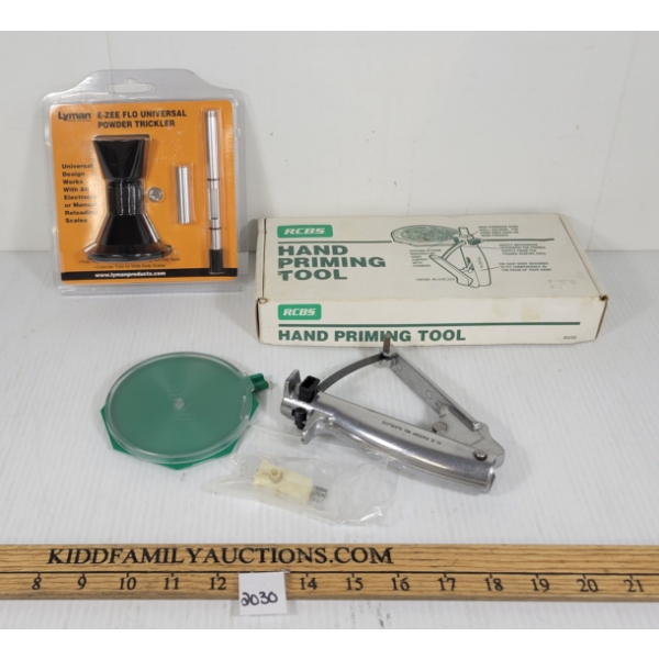LOT OF 2 - RCBS HAND PRIMING TOOL & LYMAN E-ZEE FLO UNIVERSAL POWDER TRICKLER