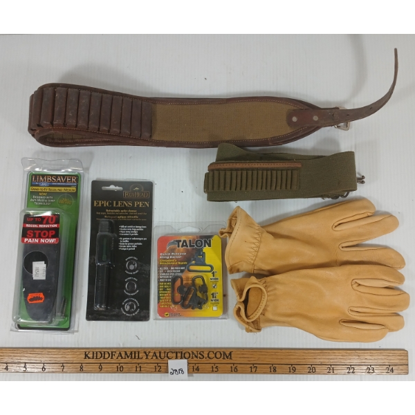 JOB LOT - PAIR OF GLOVES - RECOIL PAD - AMMO BELTS, ETC