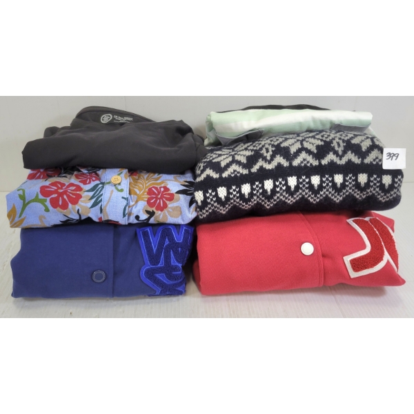 LOT OF 7 - MEN'S BUTTON-UP, T-SHIRTS & SWEATERS - MFG PENFIELD, WESC & ALL-DAY APPAREL