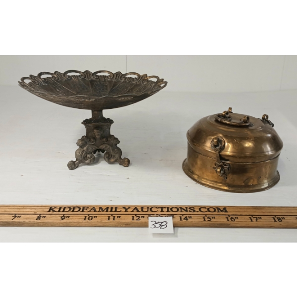 LOT OF 2 - BRASS INDIAN CHAPATI BOX & CAST METAL FRUIT BOWL