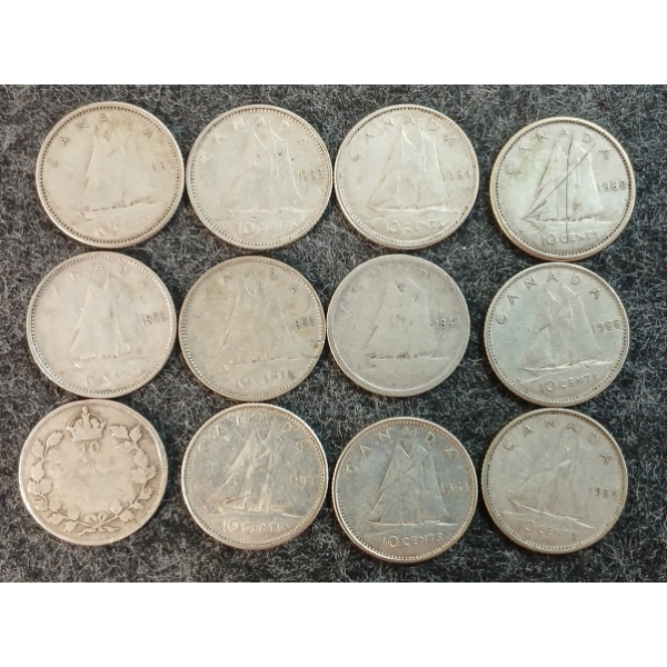 LOT OF 12 - 1943-1966 CDN 10 CENT COINS