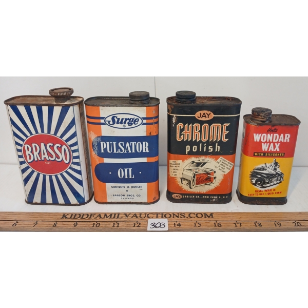 LOT OF 4 - JAY CHROME POLISH, BRASSO METAL POLISH, HOLT'S WONDER WAX & SURGE PULSATOR OIL