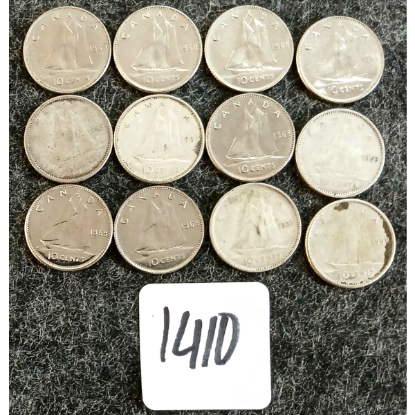 LOT OF 12 - 1951-1968 CDN 10 CENT COINS