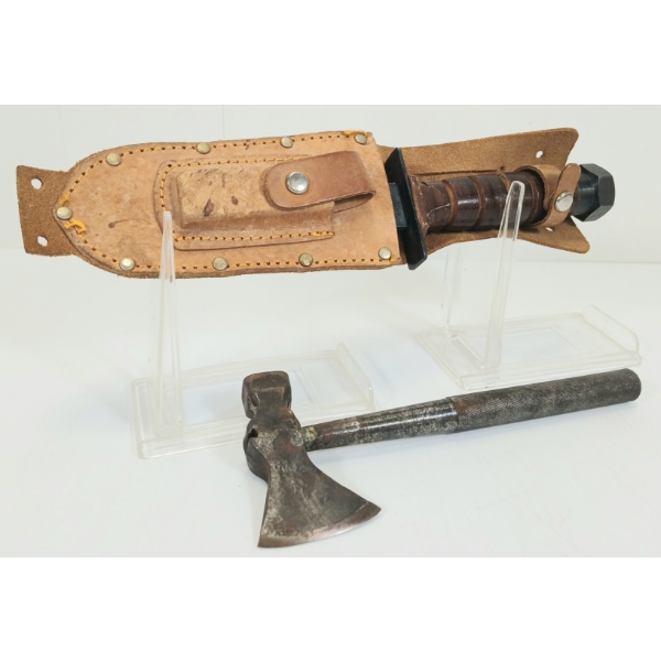 LOT OF 2 - JET PILOT SURVIVAL KNIFE W/ SHEATH & ROOFING HATCHET