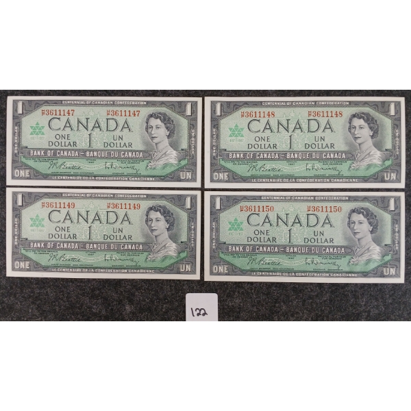 LOT OF 4 - 1967 CDN $1 BANKNOTES - CONSECUTIVE & UNCIRCULATED