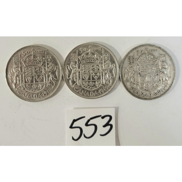 LOT OF 3 - 1949 CDN 50 CENT SILVER COINS