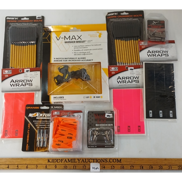 LOT OF 10 - ARCHERY - V-MAX WHISKER BISCUIT, CROSSBOW BOLTS, GAME HEAD SHOCKER, ETC