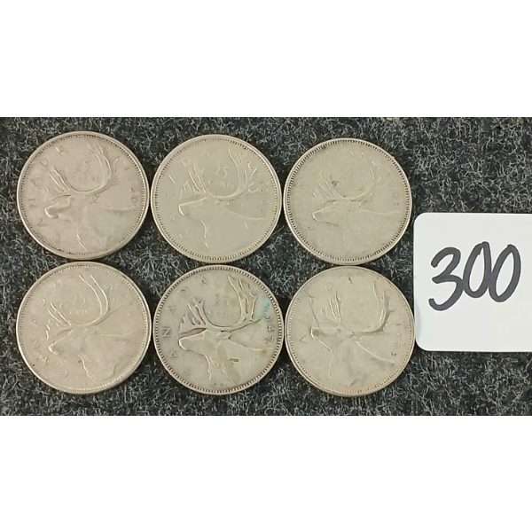 LOT OF 6 - 1947-1965 CDN 25 CENT COINS - INCL 1947 MAPLE LEAF VARIATION