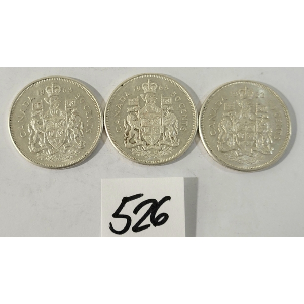 LOT OF 3 - 1963 CDN 50 CENT SILVER COINS