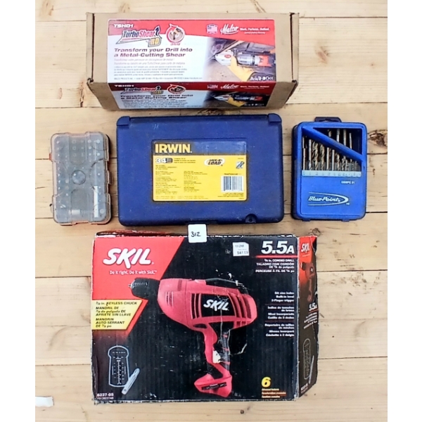 LOT OF 5 - SKIL 3/8 IN CORDED DRILL, TSHD1 TURBO SHEER, BLUEPOINT DRILL BITS ETC.