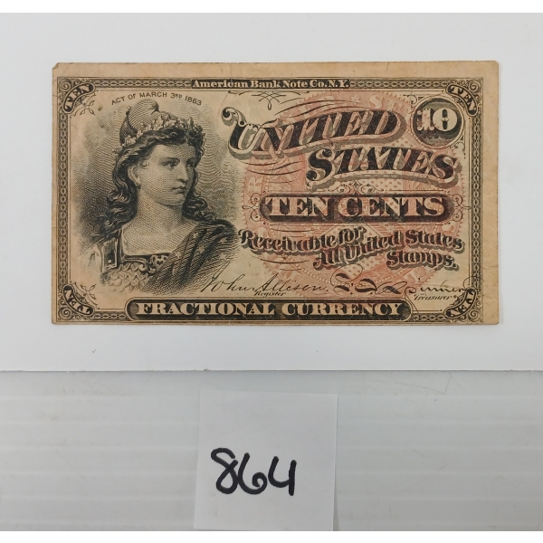 1863 U.S. FRACTIONAL 10 CENT SHINPLASTER