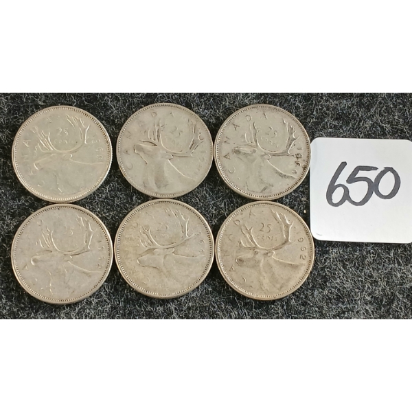LOT OF 6 - 1951-1966 CDN 25 CENT COINS
