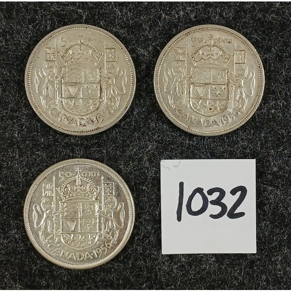 LOT OF 3 - 1956 CDN 50 CENT SILVER COINS