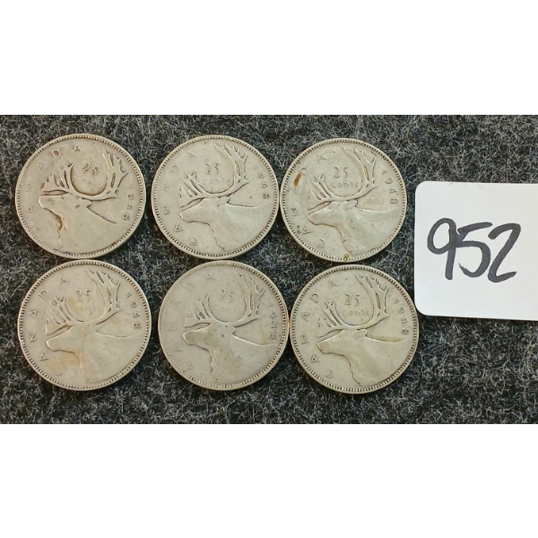 LOT OF 6 - 1948 CDN 25 CENT COINS