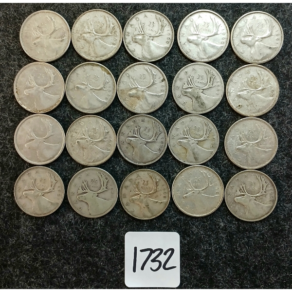 LOT OF 20 - 1941-1968 CDN 25 CENT COINS