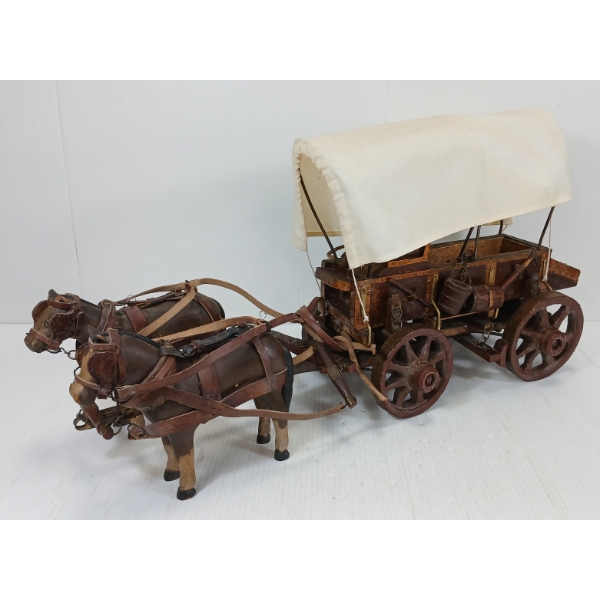 FOLK ART COVERED WAGON W/ DRAW HORSES