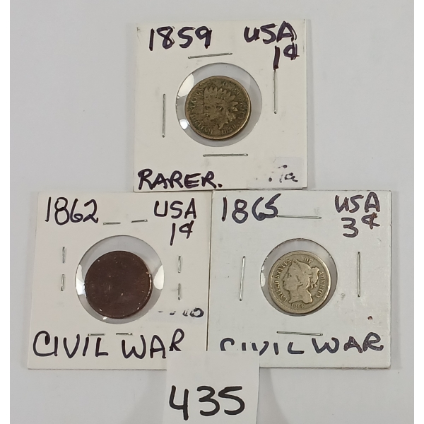 LOT OF 3 - MISC CIVIL WAR COINS - INCL 1859 & 1862 INDIAN HEAD CENT