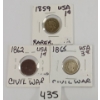 Image 1 : LOT OF 3 - MISC CIVIL WAR COINS - INCL 1859 & 1862 INDIAN HEAD CENT