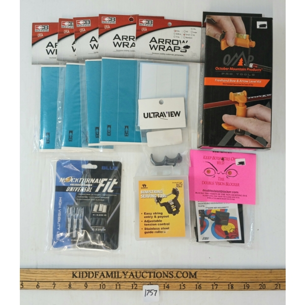LOT OF 10 - ARCHERY ACCESSORIES - FREEHAND LEVEL KIT, DOUBLE VISION BLOCKER, ARROW WRAPS, NOCKS, ETC