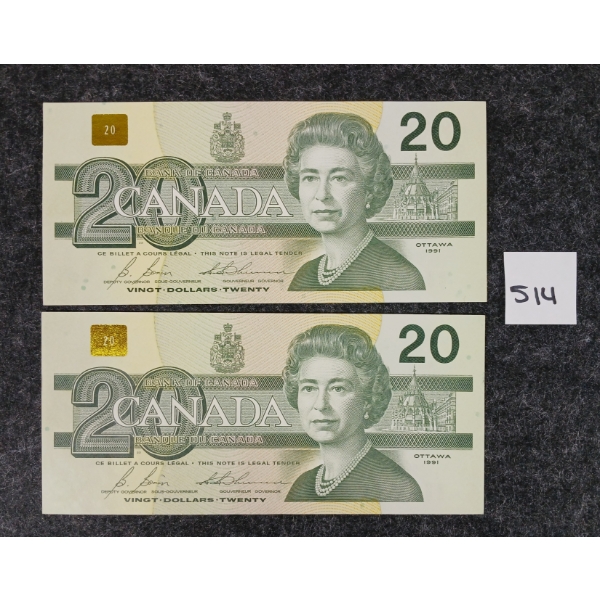 LOT OF 2 - 1991 CDN $20 BANKNOTES - SEQUENTIAL