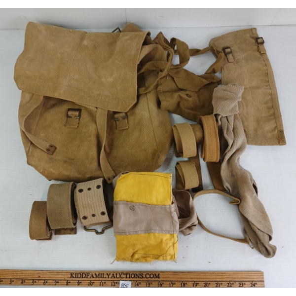 JOB LOT - WWII CDN PATTERN 1937 WEB EQUIPMENT - INCL BAG, STRAPS, SOCKS, FIELD DRESSINGS, ETC