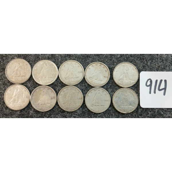LOT OF 10 - 1941-1968 CDN 10 CENT COINS