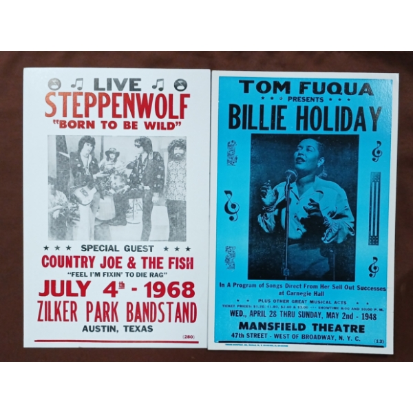 LOT OF 2 - 1948 BILLIE HOLIDAY & 1968 STEPPENWOLF CONCERT ADVERTISEMENTS - CARDBOARD