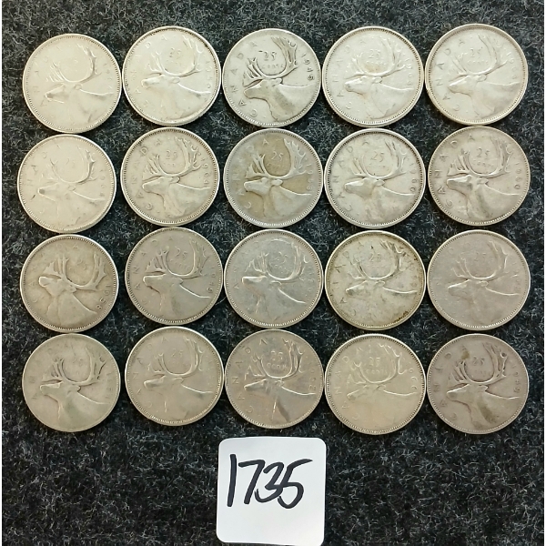 LOT OF 20 - 1945-1966 CDN 25 CENT COINS