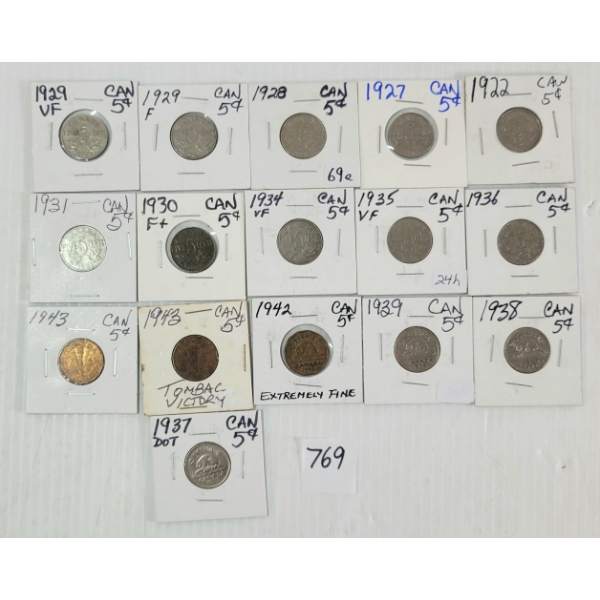 LOT OF 16 - 1922-1943 CDN 5 CENT COINS