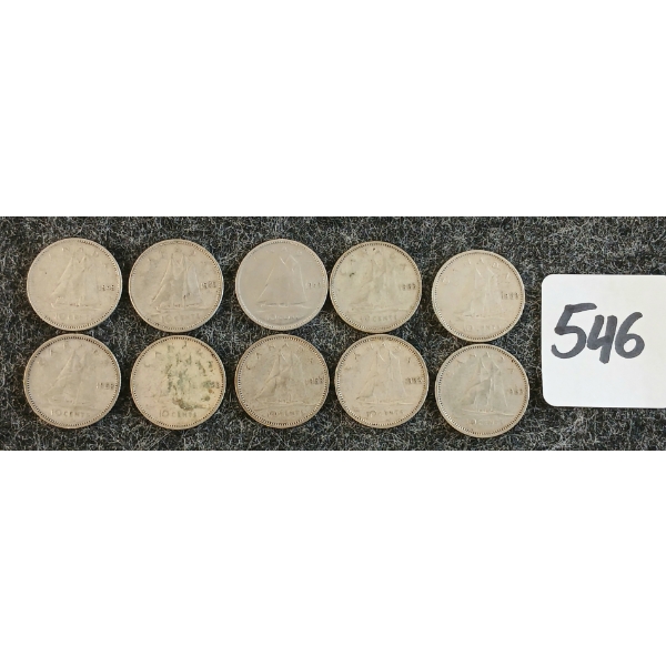 LOT OF 10 - 1949-1953 CDN 10 CENT COINS