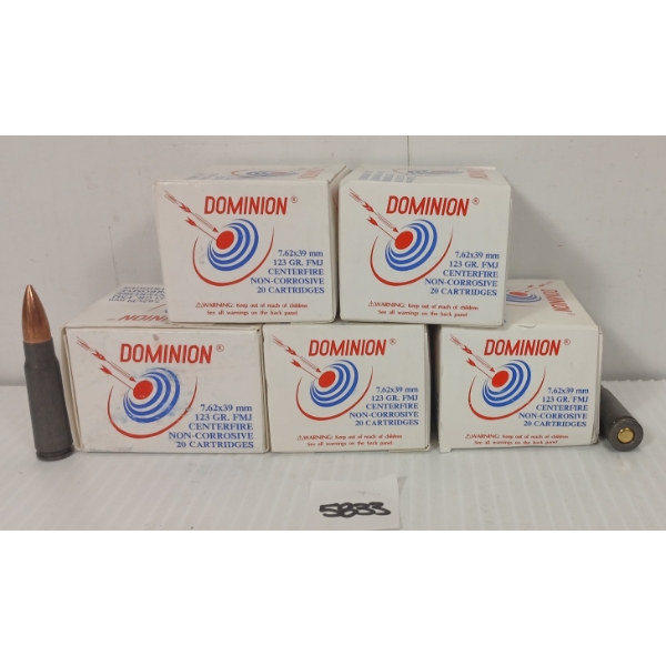 AMMO: 100X DOMINION 7.62X39MM - 123GR - FMJ 