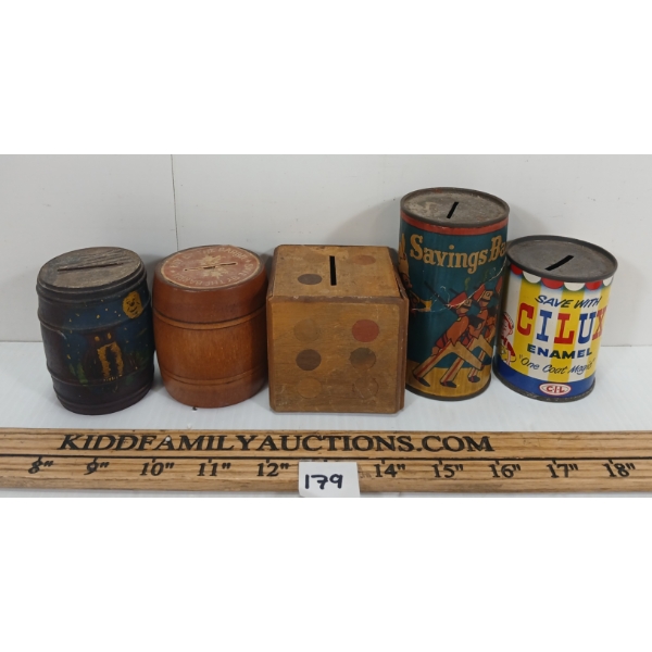 LOT OF 5 - COIN BANKS - INCL AMER CAN & ARBEE, ETC.