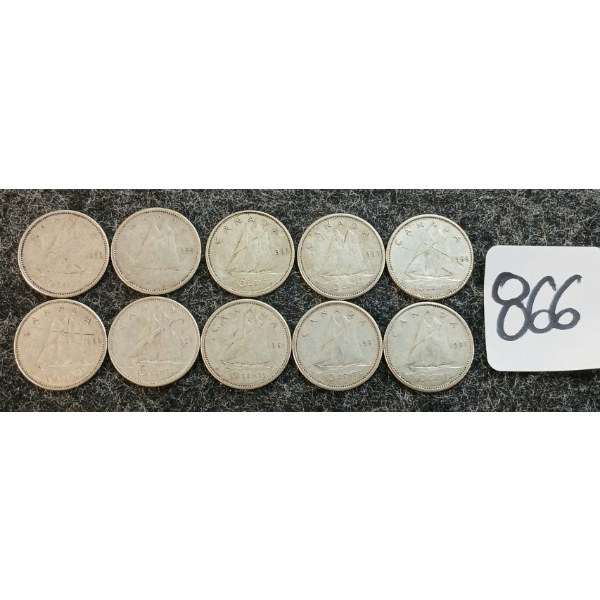 LOT OF 10 - 1955-1966 CDN 10 CENT COINS